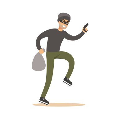 Çuval ve silah ile maskeli soyguncu. Renkli karikatür karakter vektör çizim