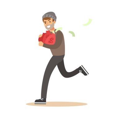 Kırmızı para çantaları ile çalışan maskeli soyguncu. Renkli karikatür karakter vektör çizim