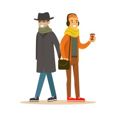 Kulaklığımda adamdan cüzdanını çalmaya çalışan yankesici. Renkli karikatür karakter vektör çizim