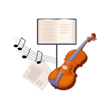 Keman ve müzikal defter, okul ve eğitim kümesi ile ilgili nesnelerin renkli çizgi film tarzı