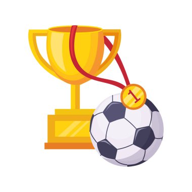 Şampiyonlar Kupası, top ve madalya, okul ve eğitim kümesi ile ilgili nesnelerin renkli çizgi film tarzı