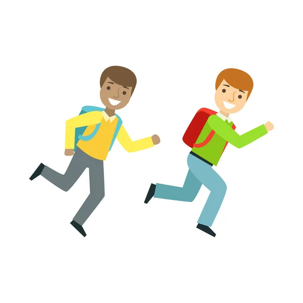 Два мальчика бегут в класс, часть школьного и научного жизненного цикла минималистических иллюстраций — стоковый вектор