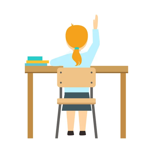 Fille levant la main assis au bureau dans la salle de classe, faisant partie de l'école et érudit série de vie d'illustrations minimalistes — Image vectorielle
