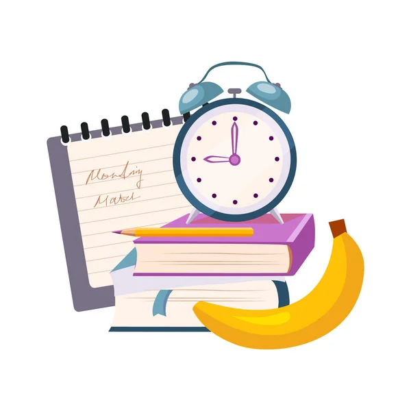 Livros, Relógio e Banana, Conjunto de Escola e Educação Objetos Relacionados Em Estilo Desenhos Animados Coloridos — Vetor de Stock