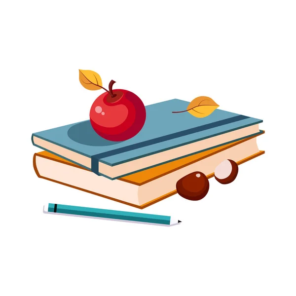 Cuadernos, Apple y lápiz, conjunto de la escuela y la educación objetos relacionados en colorido estilo de dibujos animados — Vector de stock