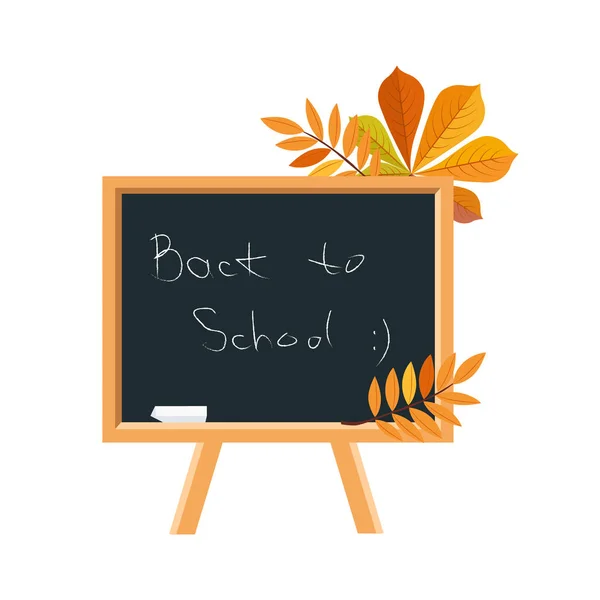 Lavagna, gesso e foglie cadute, insieme di scuola e di educazione oggetti correlati in stile cartone animato colorato — Vettoriale Stock