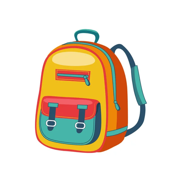 Sárga és kék Schoolkid-hátizsák, iskola és oktatási kapcsolódó objektumok színes rajzfilm stílusú — Stock Vector