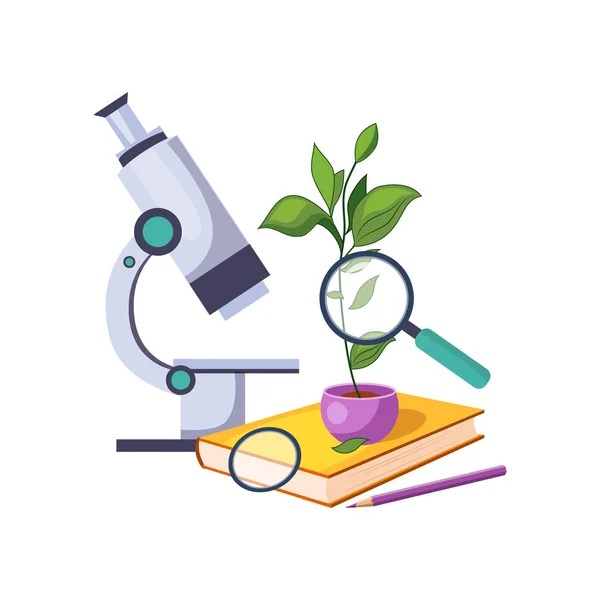 Ботанический комплект с микроскопом и растением в кастрюле, набор школьных и образовательных объектов в красочном стиле мультфильма — стоковый вектор
