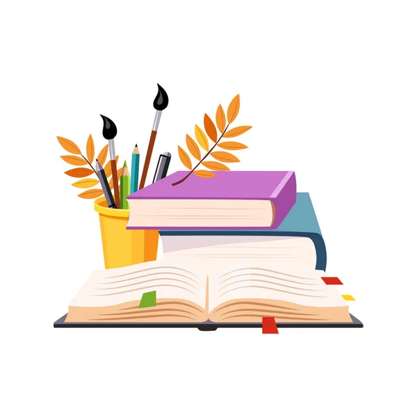 Pilha de livros e ferramentas de escrita, conjunto de escola e educação objetos relacionados no estilo dos desenhos animados coloridos — Vetor de Stock