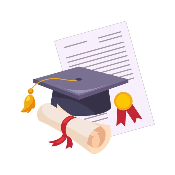 Sombrero de graduación y diploma, conjunto de objetos relacionados con la escuela y la educación en colorido estilo de dibujos animados — Archivo Imágenes Vectoriales