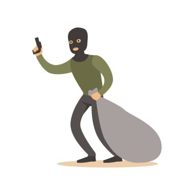 Büyük çuval ve silah ile maskeli soyguncu. Renkli karikatür karakter vektör çizim