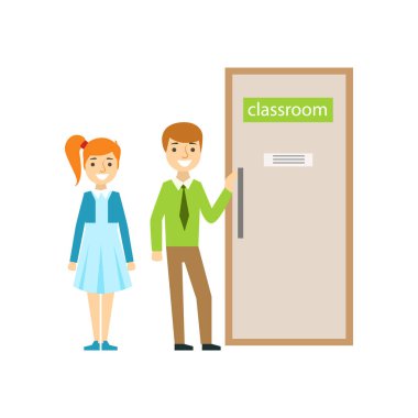 Erkek ve kız sınıf kapı, bölüm lise ve akademik hayat dizi minimalist illüstrasyonlar önünde