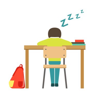 Sınıf, okul parçası ve akademik hayat dizi minimalist illüstrasyonlar masasında oturan çocuk uyku
