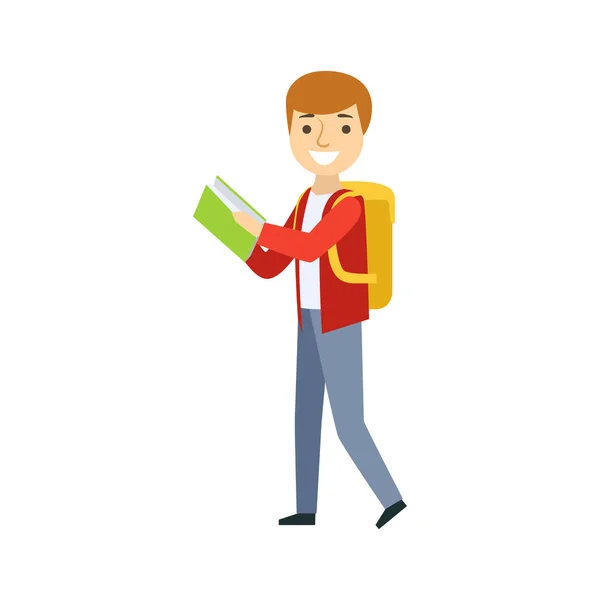 Мальчик ходит с рюкзаком, читая книгу, часть школьного и научного жизненного цикла минималистических иллюстраций — стоковый вектор