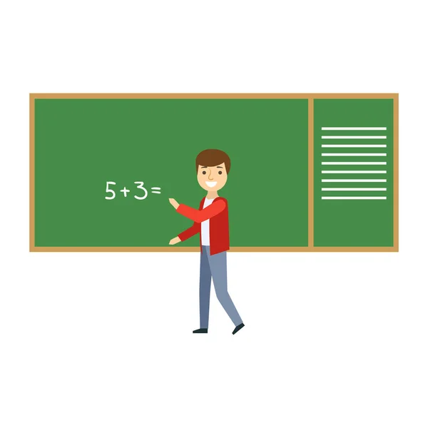 Jongen oplossen van wiskundige probleem op schoolbord In de klas, onderdeel van de School en geleerde leven reeks minimalistische illustraties — Stockvector