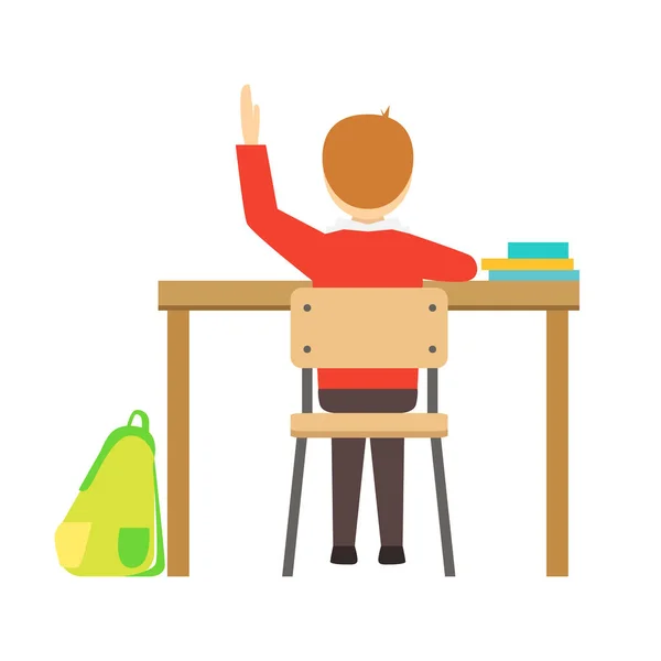 Jongen verhogen Hand zit aan zijn Bureau In de klas, onderdeel van de School en geleerde leven reeks minimalistische illustraties — Stockvector