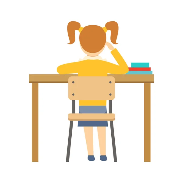 Fille ennuyée assise au bureau dans la salle de classe, faisant partie de l'école et érudit série de vie d'illustrations minimalistes — Image vectorielle