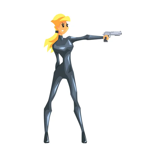 Secret Service kvinnlig Agent i katt kostym skjuta med pistol. Sexig Blond kvinna professionella Asset jourhavande. — Stock vektor