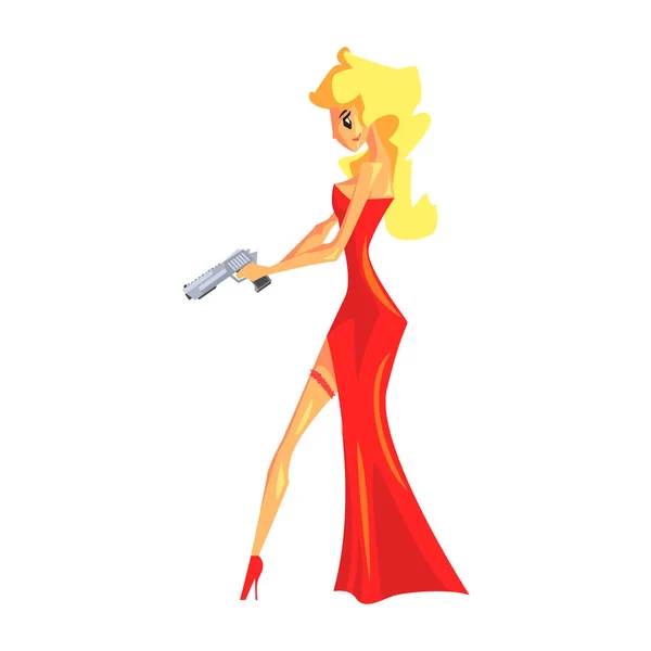 Titkos női ügynök piros ruhás fegyvert. Szexi szőke nő professzionális eszköz ügyeletes. — Stock Vector