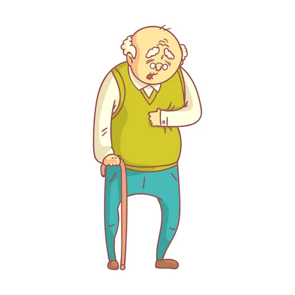 Un anciano con bastón sufriendo de dolor de corazón. Colorido personaje de dibujos animados aislado — Vector de stock
