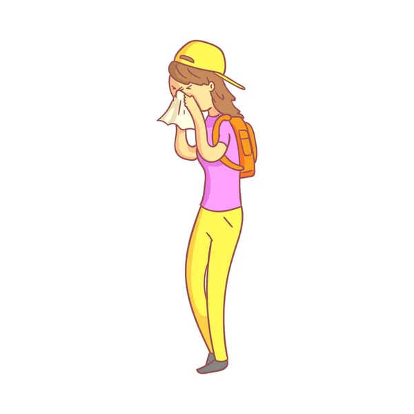 Ongezonde meisje waait haar neus met een tissue. Kleurrijke stripfiguur — Stockvector