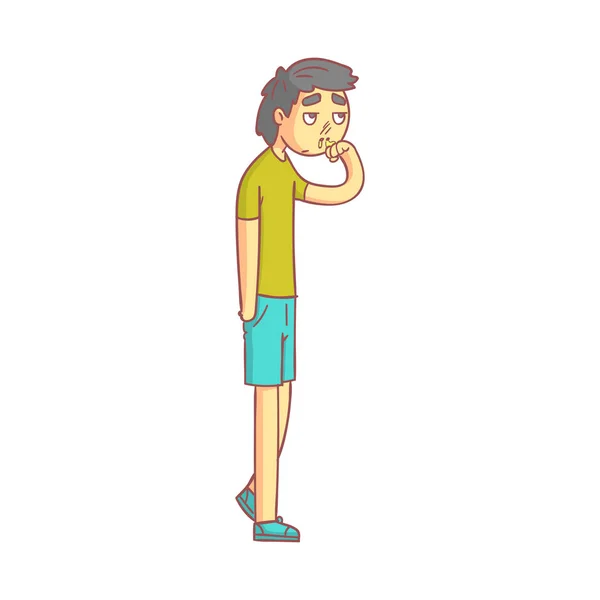 Mladý muž se s chřipkou a tekoucí z nosu, teče z nosu hlen. Barevná kreslená postavička — Stockový vektor