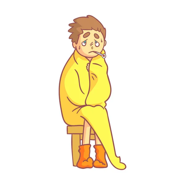 Der Junge hatte sich eine Grippe eingefangen, saß mit einer gelben Decke bedeckt und hatte ein Thermometer im Mund. bunte Zeichentrickfigur — Stockvektor