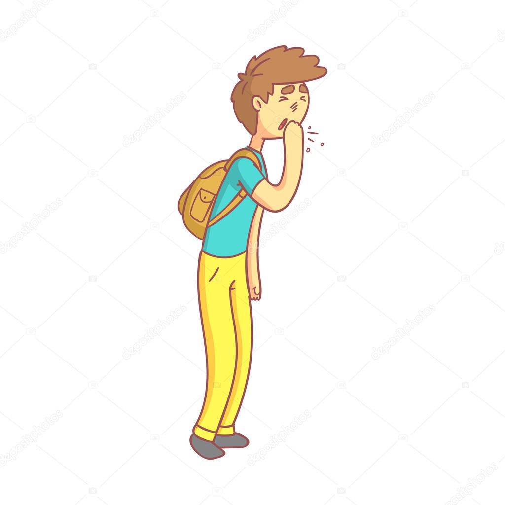 Young man coughing with fist in front of mouth. Colorful cartoon character