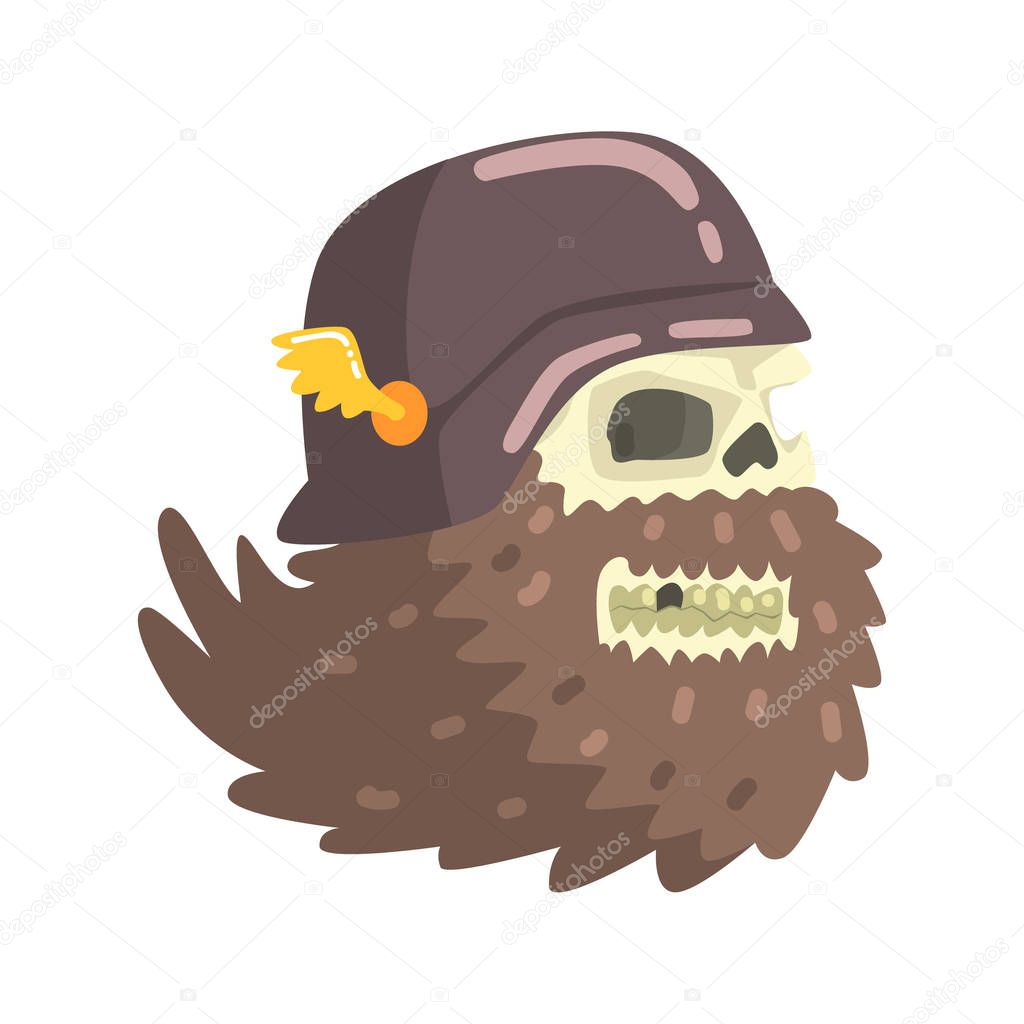 Beardy Scull Smiling Wearing Black Helmet, Colorful Sticker With War And Biker Culture Attributes Vector Icon