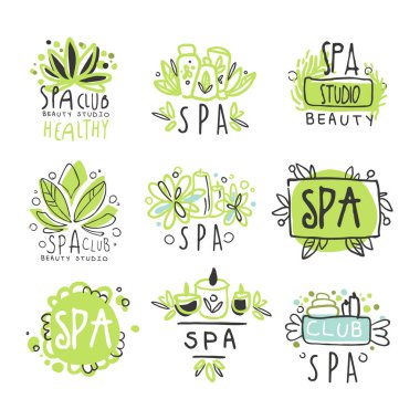 Spa sağlıklı güzellik stüdyosu etiket tasarımı için ayarla. Sağlık ve güzellik bakımı. Renkli vektör çizimler