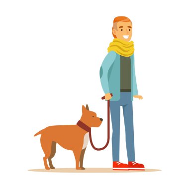 Bir köpek tasmasını tutan genç adam. Renkli çizgi film karakteri illüstrasyon