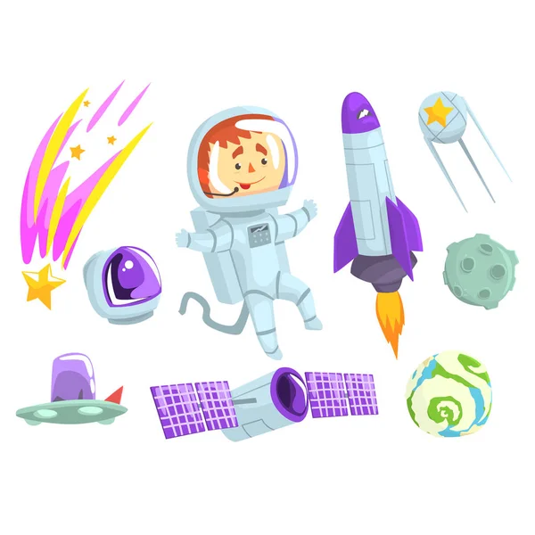Astronautas en el espacio, listos para el diseño de etiquetas. Exploración del cosmos dibujos animados de colores ilustraciones detalladas — Vector de stock