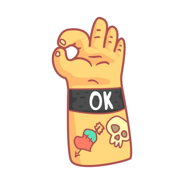 Main avec tatouages montrant OK signe. Illustration colorée de dessin animé — Image vectorielle