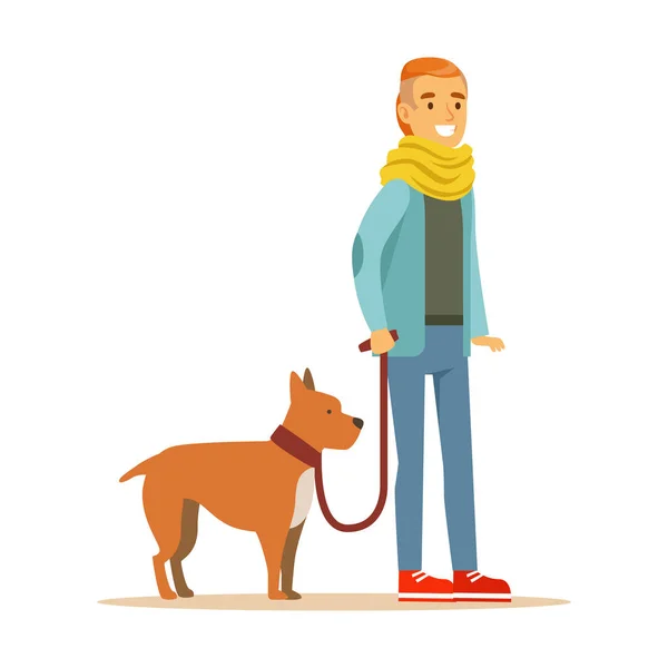 Bir köpek tasmasını tutan genç adam. Renkli çizgi film karakteri illüstrasyon — Stok Vektör