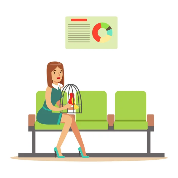 Woman sitting in waiting hall with her parrot in a cage and expecting for visiting a doctor. Colorful cartoon character Illustration — Stock Vector