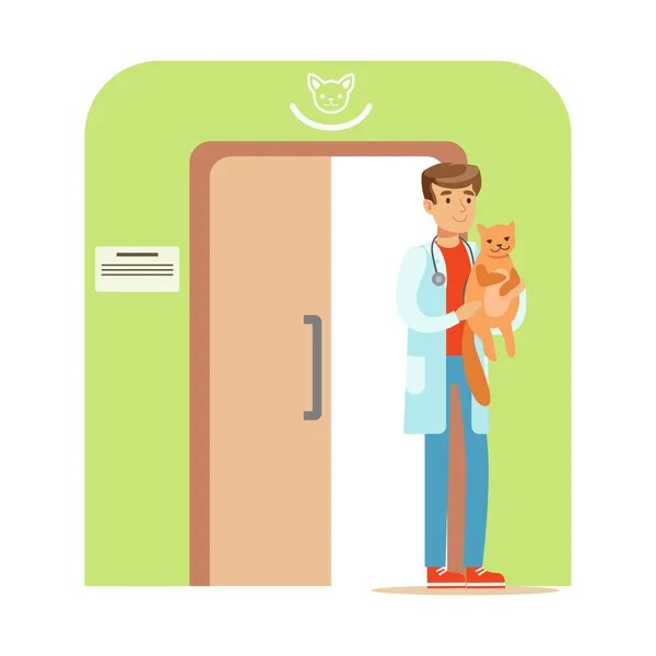 Médico veterinário segurando um gato na mão. Interior da clínica veterinária. Personagem de desenho animado colorido Ilustração — Vetor de Stock