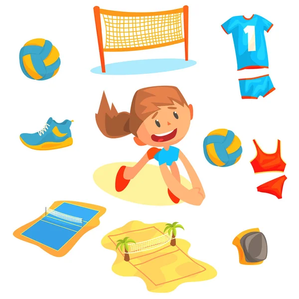 Menina jogando com uma bola no vôlei de praia definido para design de etiqueta. Equipamento desportivo para voleibol. Desenhos animados ilustrações detalhadas —  Vetores de Stock