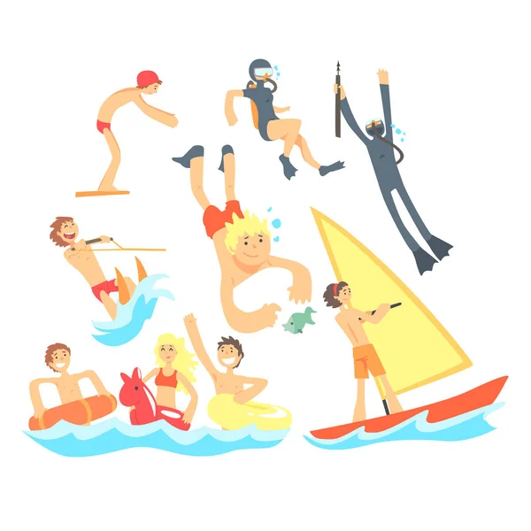 Pessoas em férias de verão no mar brincando e se divertindo com esportes aquáticos na praia conjunto de ilustrações —  Vetores de Stock