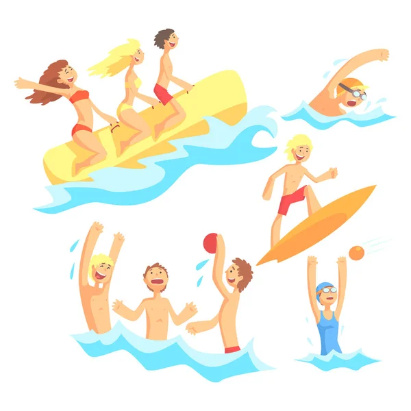 Pessoas em férias de verão no mar brincando e se divertindo com esportes aquáticos na série de ilustrações da praia —  Vetores de Stock