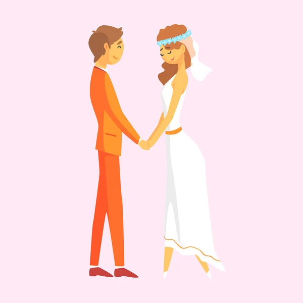 Bruidspaar hand in hand. Romantische paar kleurrijke stripfiguur — Stockvector