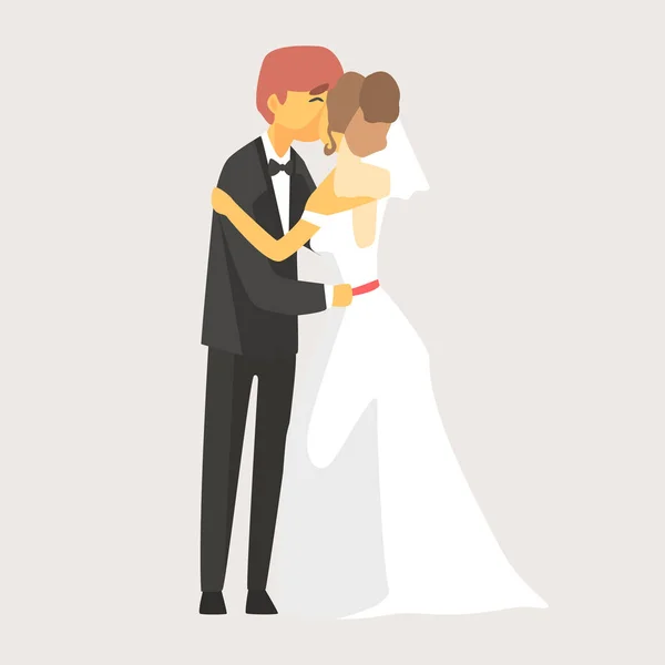 Bruid en bruidegom kussen op huwelijksceremonie. Romantische paar kleurrijke stripfiguur — Stockvector