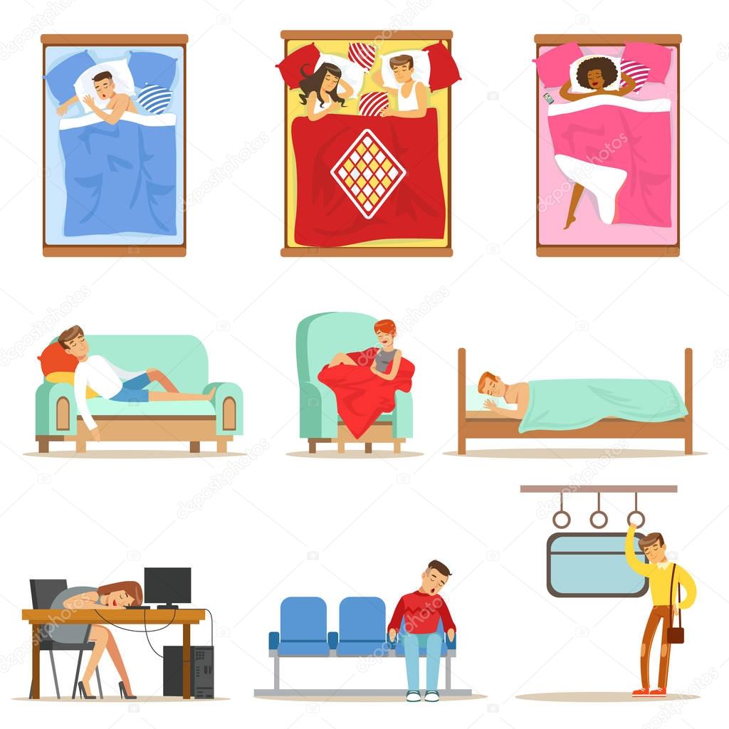 People Sleeping In Different Positions At Home And At Work, Tired Characters Getting To Sleep Series Of Illustrations