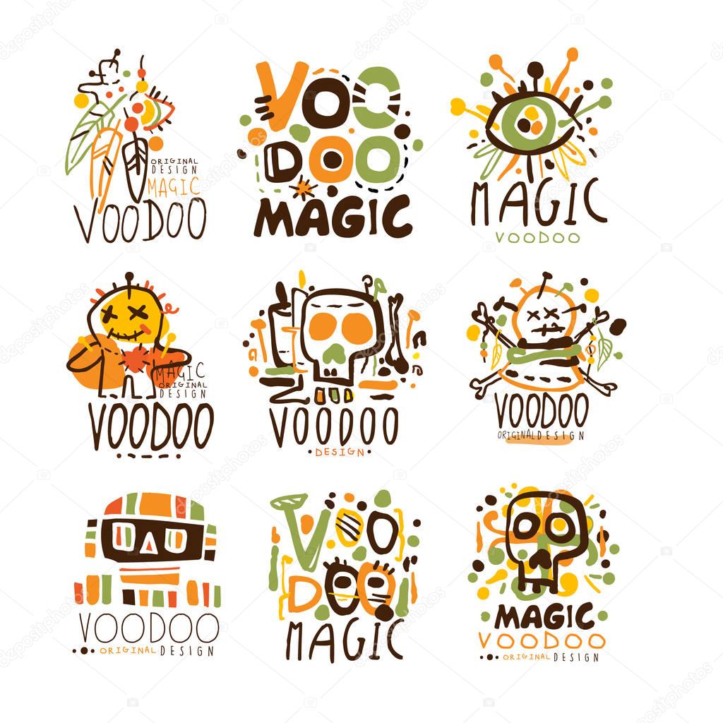 Voodoo African and American magic set for label design. Spiritual, magical, cultural vector Illustrations for stickers, banners, cards, advertisement, tags