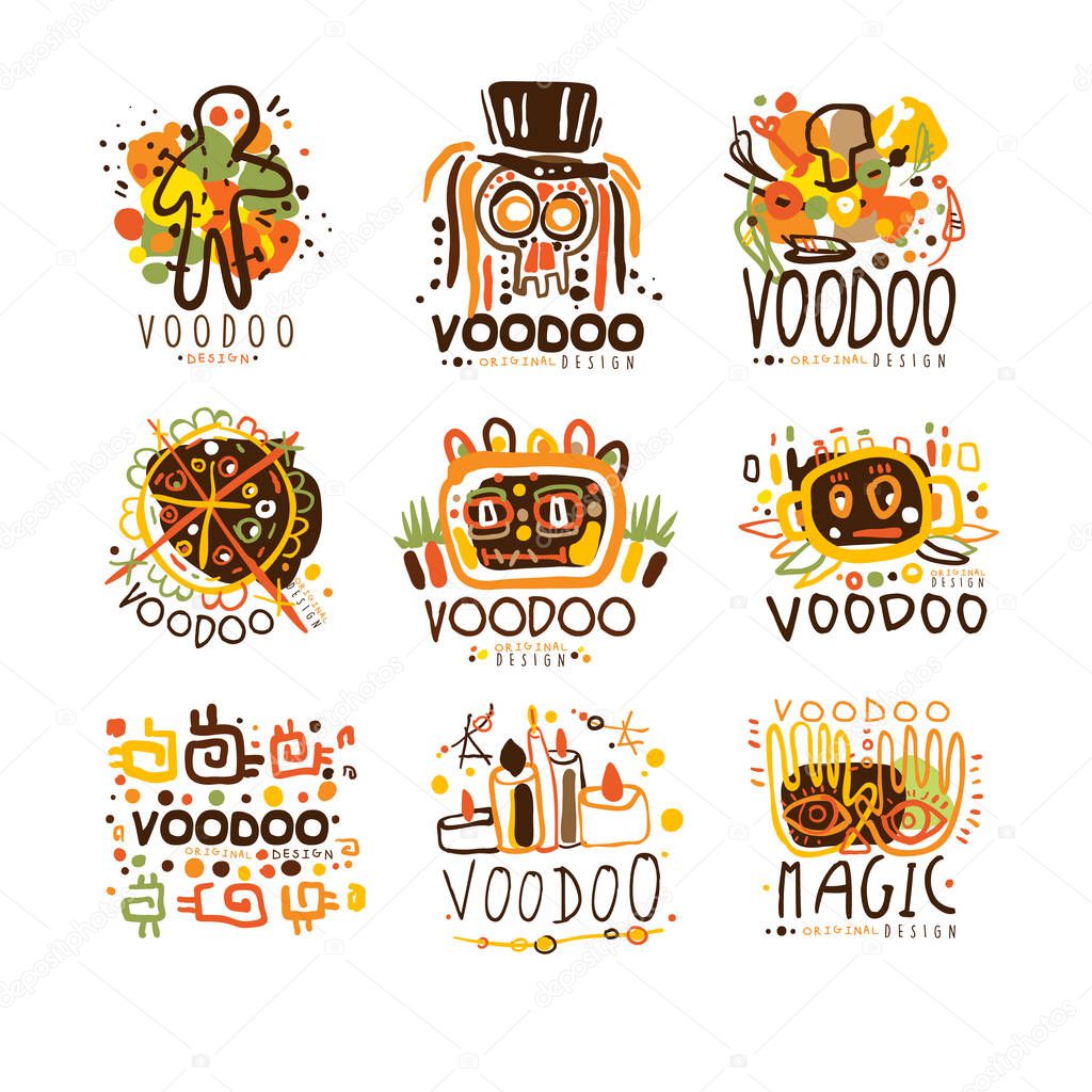 Voodoo and magic set for label design. Spiritual, magical, cultural vector Illustrations for stickers, banners, cards, advertisement, tags