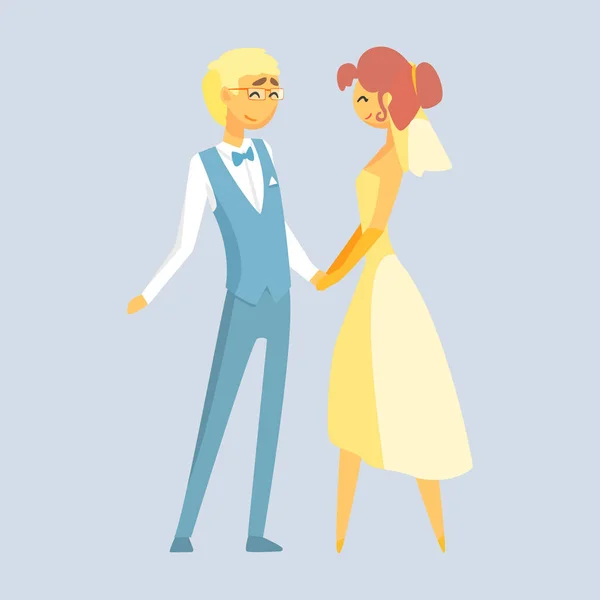 Noiva e noivo de mãos dadas no dia do casamento. Casal romântico colorido personagem de desenho animado — Vetor de Stock