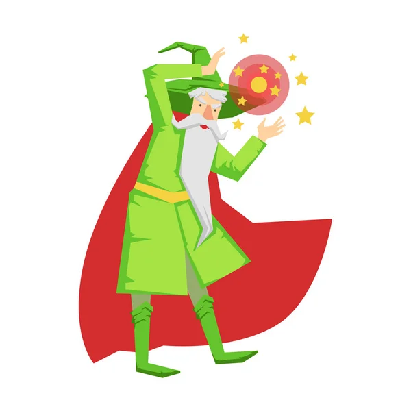 Magic witch wizard in action with crystal ball. Colorful fairy tale character — Stock Vector