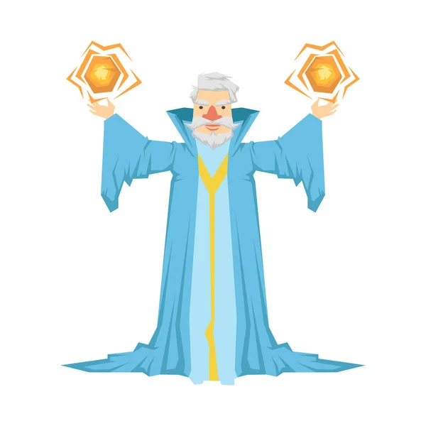 Old bearded wizard in a blue robe holding two magic balls in his hands. Colorful fairy tale character Illustration — Stock Vector