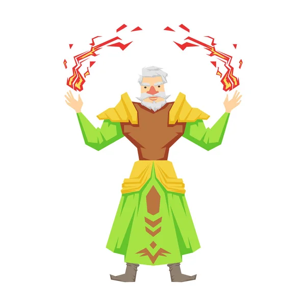 Alter bärtiger Zauberer, der magische Pässe macht. bunte Märchenfigur Illustration — Stockvektor