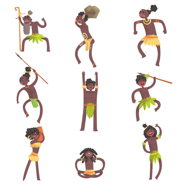 Membri della tribù africana, guerrieri e civili in perizoma foglia Set di personaggi dei cartoni animati sorridenti — Vettoriale Stock