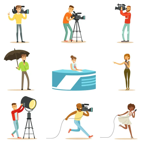 Programme de nouvelles Équipage de cameramans professionnels et journalistes Création TV Diffusion d'un téléviseur en direct de personnages de bande dessinée — Image vectorielle